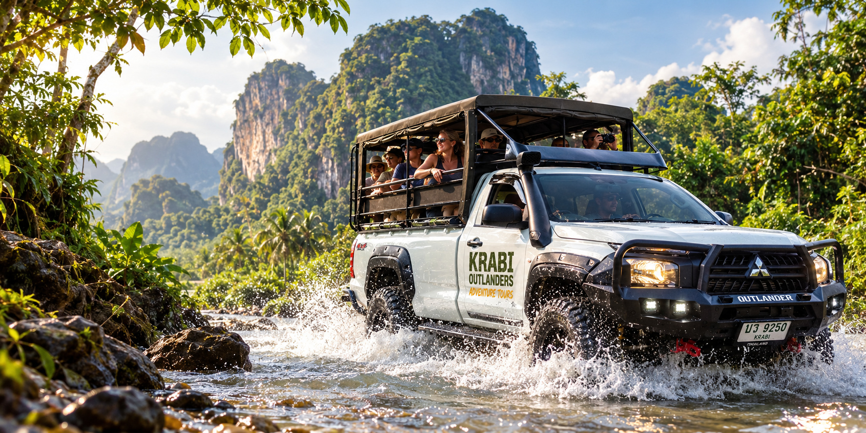 Krabi Outlanders 4x4 safari truck crossing a jungle river with smiling passengers in Krabi, Thailand